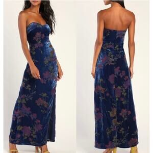 LULU’s NWT Sz L Exquisite Floral Velvet Sweetheart Burnout Strapless Gown